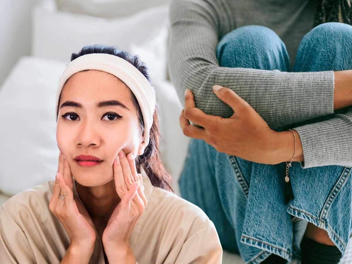 sfondo ragazza rannicchiata e donna senza trucco